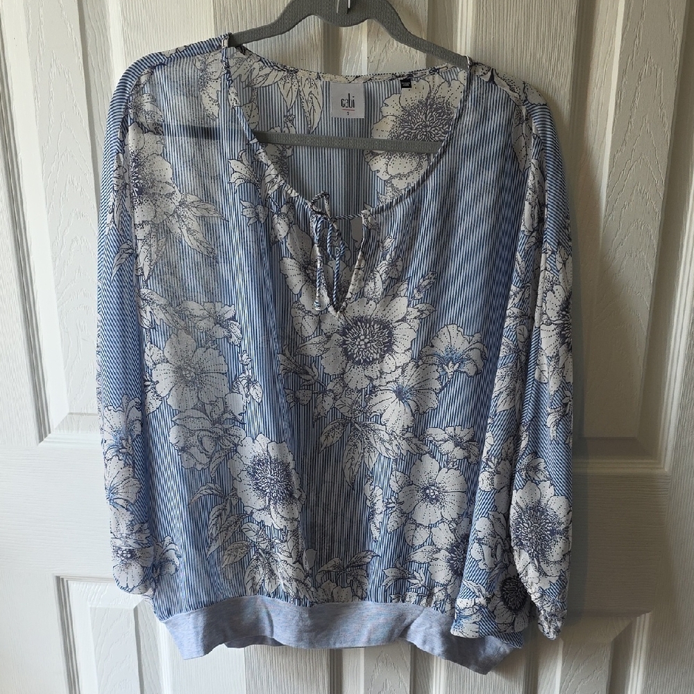 CAbi Blue and White Floral Blouse